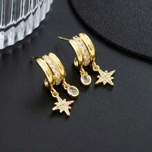 1 Par de Brincos Dourados Estrelados Octagonais de Luxo com Zircônia, Adequados para Férias, Encontros e Uso Diário de Mulheres - Multicolorido - Visão 2