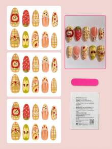 30 Stück kurze mandelförmige Aufklebe-Nägel mit Obst-Karo- und 3D-Schleifen-Design, süßer Apfel-Erdbeere-Muster, glänzende Vollabdeckung für Frauen und Mädchen, Y2K-Stil - Verschiedenfarbig - Übersicht 3