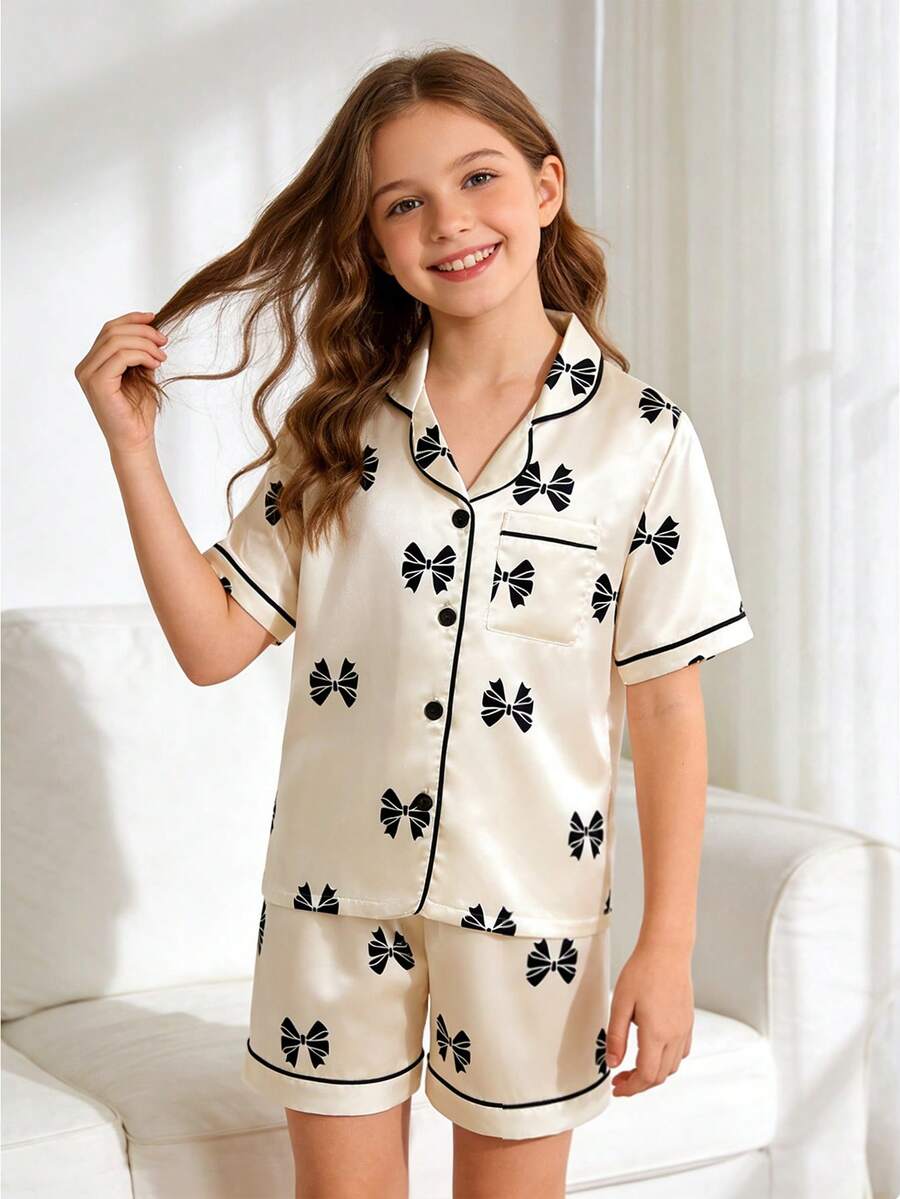 2 piezas Conjunto de pijama de pantalón corto y manga corta con lazo blanco para niña preadolescente