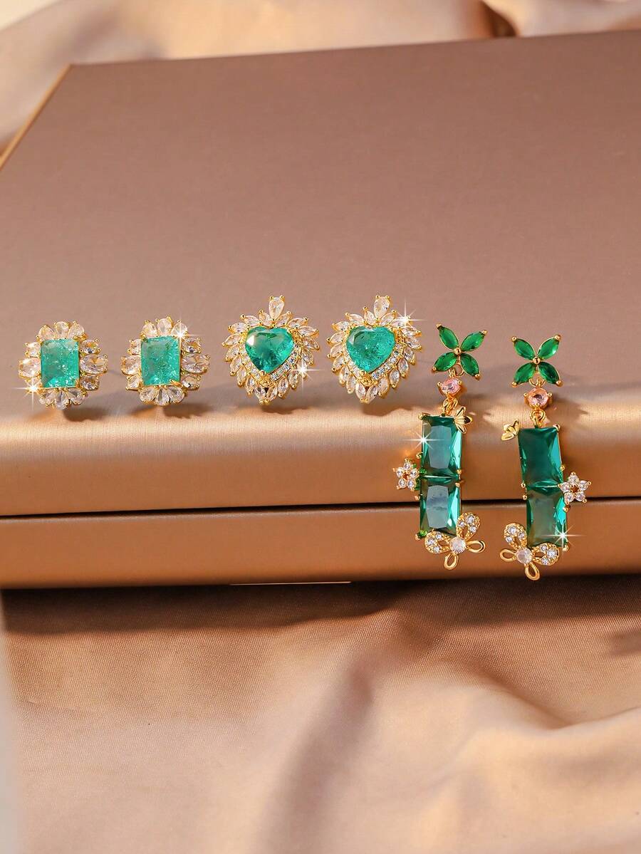 3对奢华复古风格祖母绿耳环，小众设计心形竹花耳钉，精致的办公室佩戴耳环 - 彩色 - 查看 1