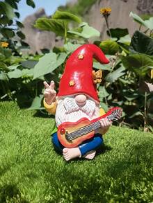 1pc Charming Resin Guitar Playing Gnome Statue, 1pc Hippie Style Garden Gnome, 1pc Outdoor Garden Gnome Decor With Peace Sign, Suitable For House, Lawn, Yard And Porch, Ideal Gift For Friends And Family - Multiple Styles - View 5
