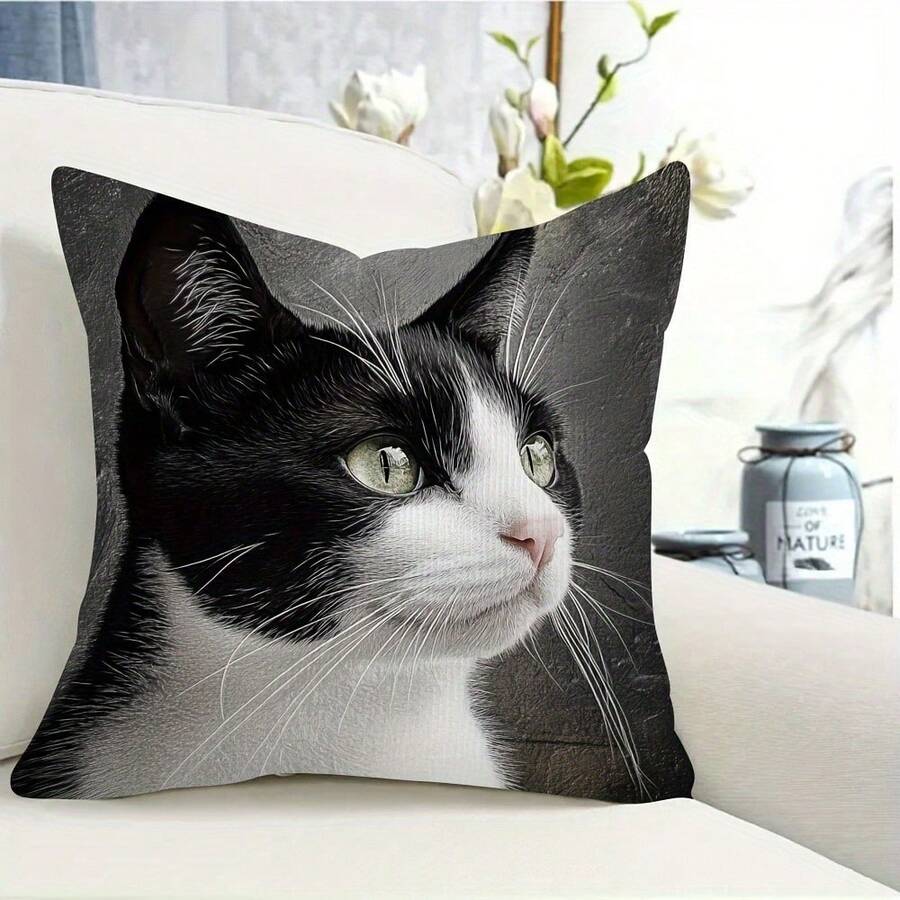 1 vỏ gối trang trí họa tiết mèo đen trắng cổ điển, được làm từ vải nhung polyester mềm mại, thoải mái, in một mặt, kích thước 45x45cm, không kèm ruột gối, có thể giặt máy, có khóa kéo. - 1PC - Xem 1