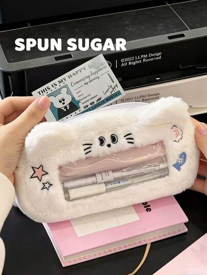 Estuche de lápices de peluche suave con ranuras para tarjetas + identificación desmontable (p. ej. nombre, cumpleaños, identificación de estudiante), bordado de estrella y huella de pata + bordado 3D de gato/perro lindo, portaplumas/monedero/almacenamiento de artículos pequeños. Regalo de cumpleaños para la mejor amiga, útiles prácticos para estudiantes, encanto juvenil como compañero diario para niñas