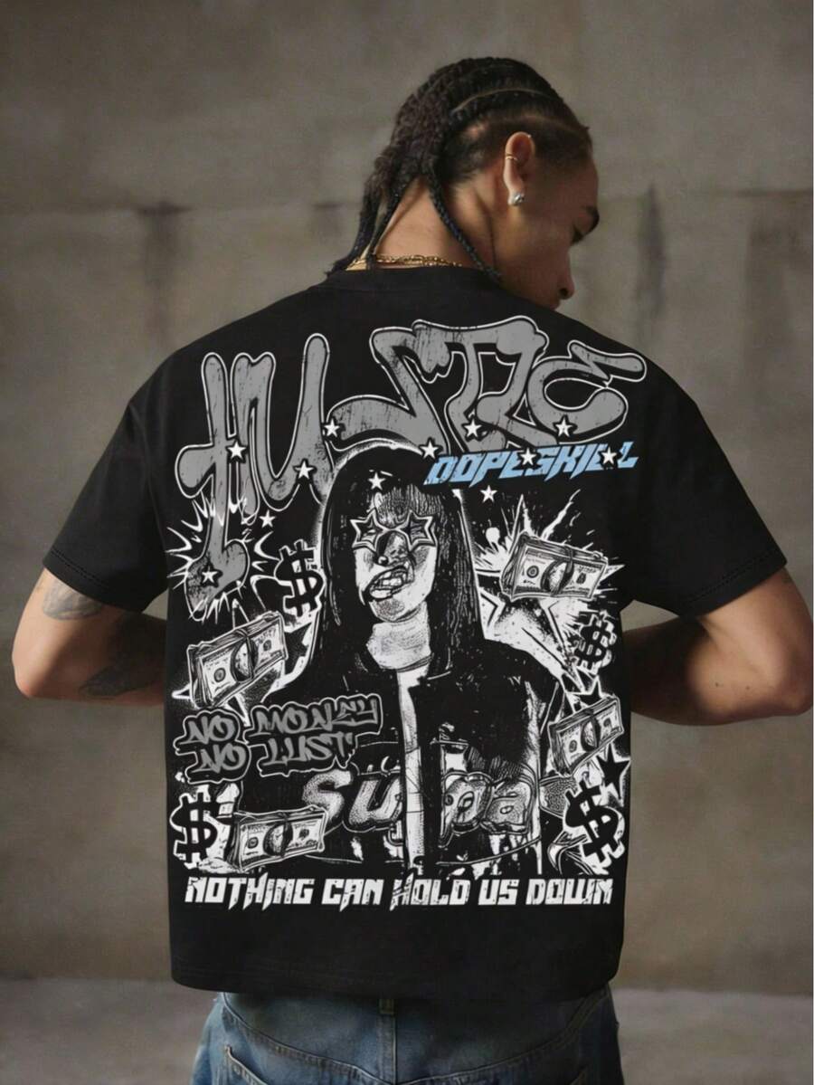 2026夏季新款醒目黑白涂鸦3D数码印花男士短袖T恤，街头时尚休闲宽松黑色圆领涤纶可机洗T恤 - 黑色 - 查看 1