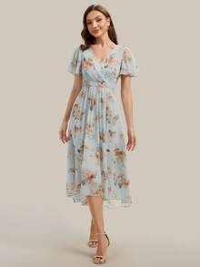EVERPRETTY Vintage Chiffon Ruffle Asymmetric/Asymmetrical Bridesmaid Dress, Suitable For Wedding, Party, Graduation, Anniversary, Birthday, Cocktail, Date, Holiday, Formal Dinner, Wedding Guest, Homecoming, Travel, All Seasons - Blue - View 6