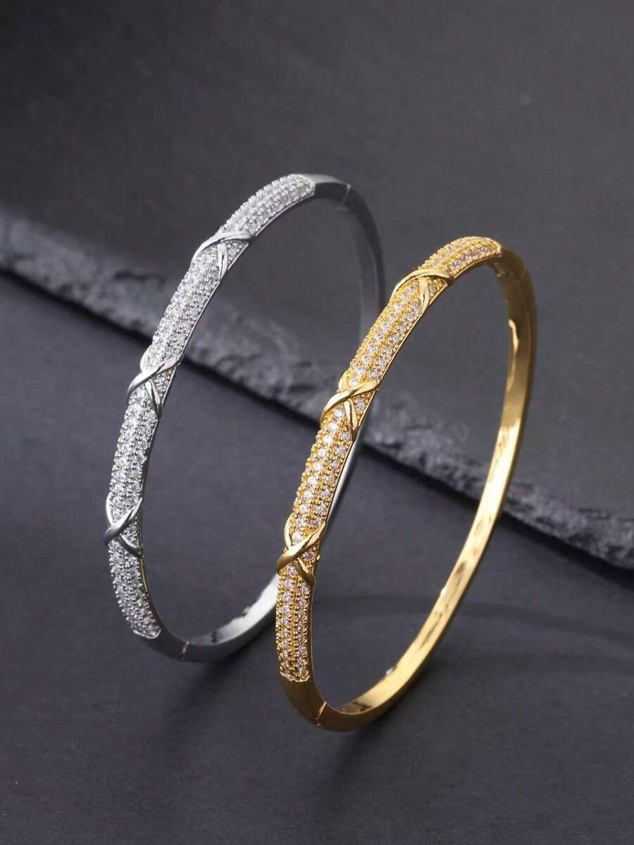 1 chiếc vòng tay nữ thời trang tối giản, thanh lịch đính đá Cubic Zirconia, trang sức nữ, vòng tay mạ vàng, vòng tay mạ bạc, phụ kiện đeo tay, trang sức hàng ngày, quà tặng ngày Valentine, quà tặng Ramadan, quà tặng Eid Al-Adha, quà tặng Eid Al-Fitr. - Vòng tay 3X - Xem 1