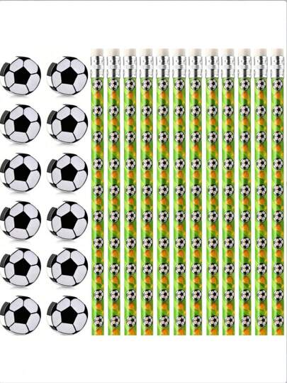 24 piezas de un set de lápices con temática de fútbol, que incluye 12 lápices + 12 borradores. Los lápices de madera se emparejan con borradores con forma de balón de fútbol. Es adecuado como regalo de fiesta de cumpleaños o como suministros de preparación escolar. (Los colores se emparejan al azar)