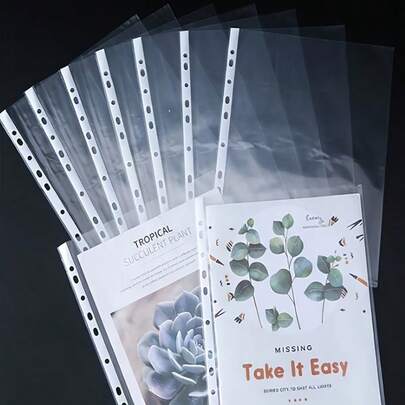 10 piezas/50 piezas/100 piezas Carpeta de plástico transparente A4 de 11 agujeros, bolsa de hojas sueltas A4, bolsa de almacenamiento de páginas interiores blancas, cubierta protectora de película, bolsa de documentos, funda protectora de archivos, con agujeros perforados, duradera y apilable, adecuada para la organización de la oficina, compatible con varios protectores de documentos, mejorando la estética y la productividad del espacio de trabajo, caja de almacenamiento de archivos de escritorio