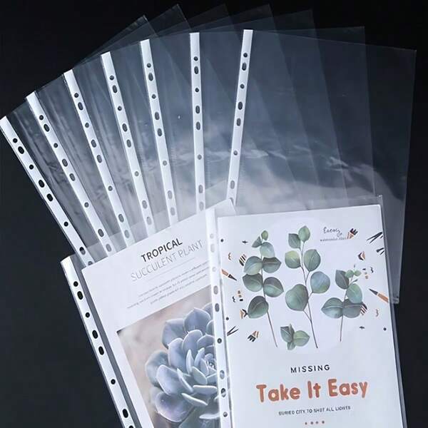 10个/50个/100个装 11孔透明A4塑料文件夹，A4活页袋，白色内页收纳袋，保护膜封套，文件袋，文件保护套，带打孔，经久耐用且可堆叠，适用于办公室整理，兼容多种文件保护套，提升工作空间美观度和工作效率，桌面文件收纳盒