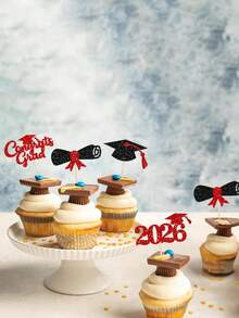 12 piezas Felicitaciones Graduado 2026 Decoraciones para Pastel - Decoraciones de Pastel de Graduación con Diploma y Birrete para Fiesta de Graduación de Escuela Secundaria y Universidad 2026 - negro rojo - Ver 4