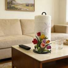 Soporte de papel higiénico de hierro fundido con diseño de tulipán de 26 cm - Sin necesidad de perforar, montaje en superficie, decoración navideña, apto para cocina, baño y fiestas, estructura de hierro resistente, perfecto para celebraciones festivas, decoración para regalo del Día de la Madre - Multicolor - Ver 3