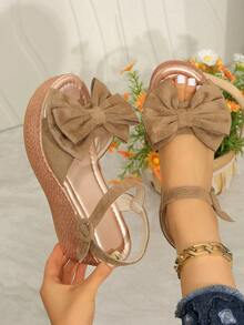 露趾坡跟女凉鞋，高跟露趾厚底单带时尚百搭凉鞋 - 卡其色 - 查看 1