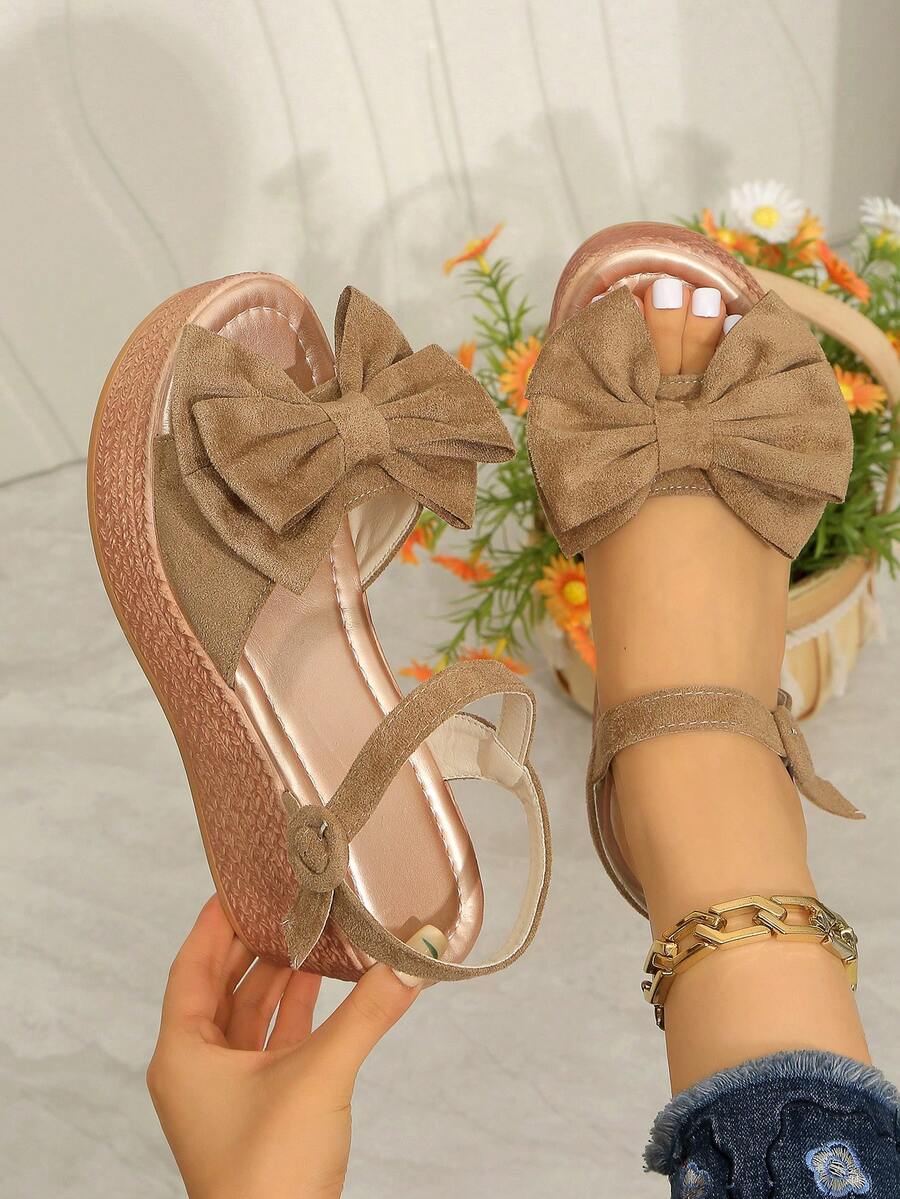 露趾坡跟女凉鞋，高跟露趾厚底单带时尚百搭凉鞋 - 卡其色 - 查看 1