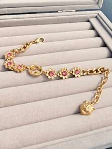 1pc Fashionable Delicate Pink Crystal Flower Metal Bracelet, New Women's Essential Gift - Yellow Gold - View 1