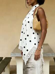 Women's Polka Dot Halter Neck Top Satin Backless Asymmetrical Lace Trim Blouse For Date Night - trắng - Xem 3