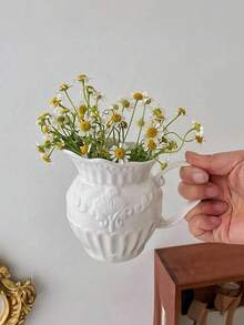 1pc Minimalist European Retro Embossed Ceramic Vase, Suitable For Living Room Decor, White Milk Can Shaped Decorative Item, Birthday/Graduation Gift - Multiple Styles - View 8
