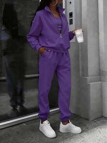 Women's Oversized Half Zip Two-Piece Tracksuit, High Neck Stand Collar Loose Fit Fleece Sweatshirt & Wide Leg Pants Set, Cozy Comfortable Casual Loungewear, Stylish Sports Streetwear Fashion Outfit, Spring Black Essential Versatile Daily Wear, Perfect For Casual Errands, Lounging & Everyday Outdoor Activities      Gym Clothes Women Set - 紫色(升級款) - 查看 4