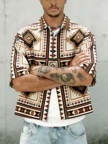Men's Geometric Pattern Short Sleeve Casual Shirt - Khaki - View 2