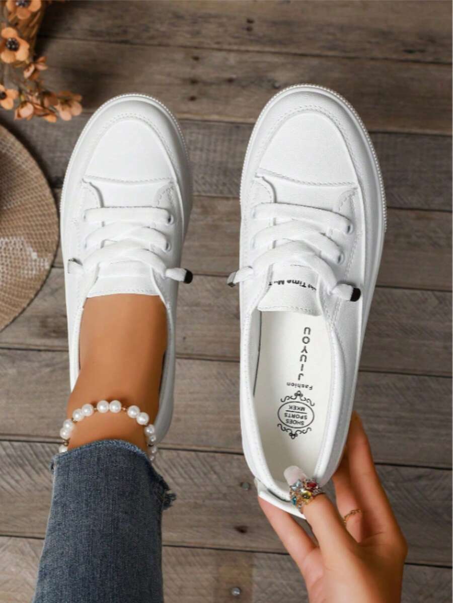 Versatile White Sneakers, Flat Student Shoes, Low Vamp Non-Tiring, Slip-On Casual Sports Shoes, Lace-Up Sports Shoes With Metal Eyelets, Suitable For Home, Gym, Office, Party, Wedding, All Seasons - 白色 - 查看 1