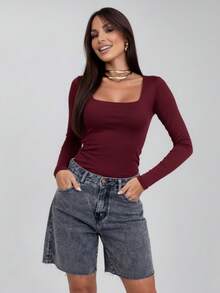 Set Of 3 Women's Second Skin Baby Look Blouses, Long Sleeve, Square Neck, Basic Shaping, Soft Supplex Fabric, Lined, Elastic, Premium Casual Fashion, Versatile, - 酒紅色 - 查看 1
