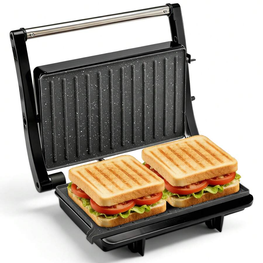 Breakfast Machine, Panini And Waffle Press, Non-Stick Coating, Dual-Sided Heating, 180° Opening, Suitable For Grilling And Toasting - Black - View 1