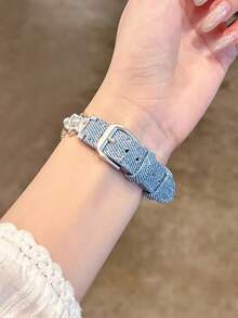 1件裝牛仔刺繡星星布料錶帶，鑲珍珠海星設計，適用於 38/40/41/42/44/45/46/49mm，相容 Ultra/SE/Series 1/2/3/4/5/6/7/8/9/10/11，女款夏季珠寶風格手錶配件 - 牛仔藍 - 查看 5