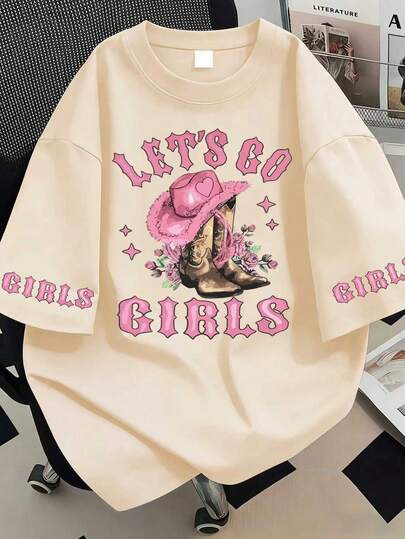 Camiseta de cuello redondo con estampado de botas de vaquero y granja, moda casual de verano para mujer de talla grande, adecuada para vacaciones y playa