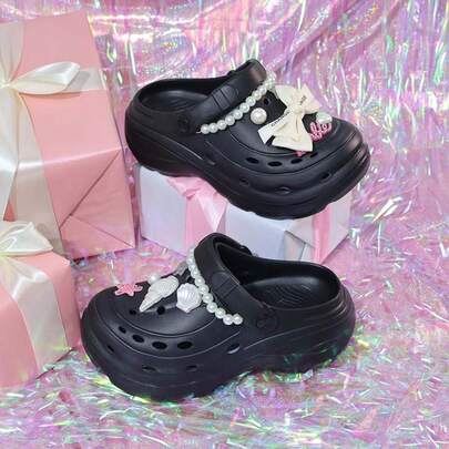 Fashion Faux Pearl Bow Hollow Out EVA Slippers Women Summer New Anti-Slip Soft Bottom Half Slippers Nurse Work Outdoor Beach Sandals Flat Non-Slip Operating Room Open Toe Slides