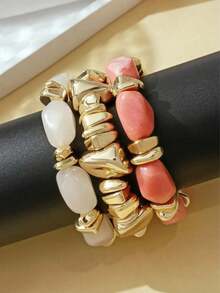 3pcs Vintage Multi-Layer Brown Acrylic Beaded Bracelet, Transformable Gold Chip Bracelet, For Women, Couples, Party, Daily Wear - 三件套 V - 查看 3