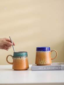 1个430毫升家用办公大容量水杯，创意裂纹釉陶瓷马克杯，浓缩咖啡杯，早餐牛奶杯，拉花咖啡杯，水杯，情侣杯，下午茶杯，大容量陶瓷杯 - 彩色 - 查看 1