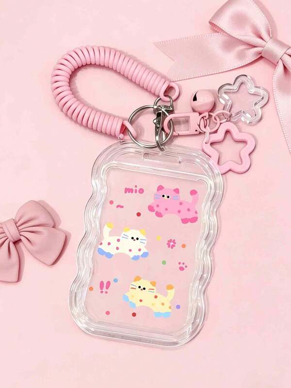 Transparent Cat Pattern Card Holder With Retractable Lanyard And Wrist Strap - Made Of Clear PVC Material, With Safety Lock Mechanism, Anti-Theft Design, Durable For Student ID, Meal Card, Access Card, Etc.