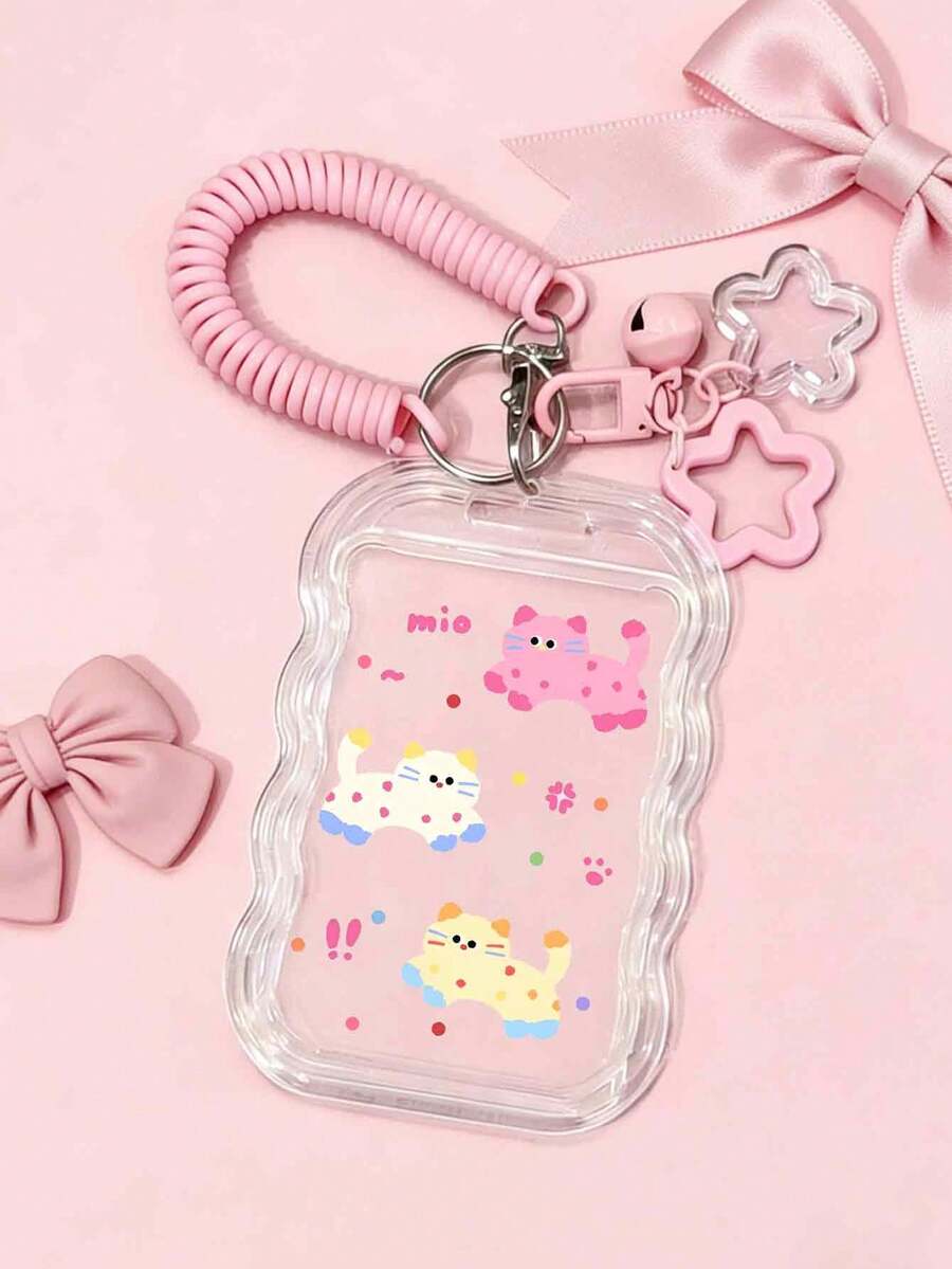 Transparent Cat Pattern Card Holder With Retractable Lanyard And Wrist Strap - Made Of Clear PVC Material, With Safety Lock Mechanism, Anti-Theft Design, Durable For Student ID, Meal Card, Access Card, Etc. - Multicolor - View 1