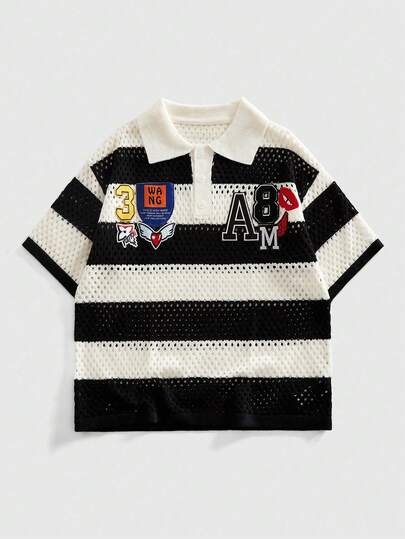 Summer Breathable Mesh Striped Polo Shirt, Loose American Sports Style Short Sleeve