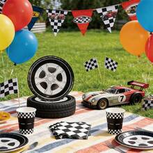 10件/20件/50件/80件赛车主题派对餐具套装 - 7/9英寸轮胎形状纸盘、格子餐巾纸和纸杯 | 一次性餐具，适用于赛车主题生日派对、迎婴派对、各种庆祝活动，男女皆宜 - 多色 - 查看 4