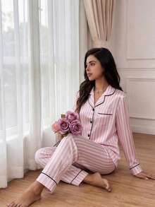 2件套女士粉色条纹长袖睡衣套装 - 粉色 - 查看 6