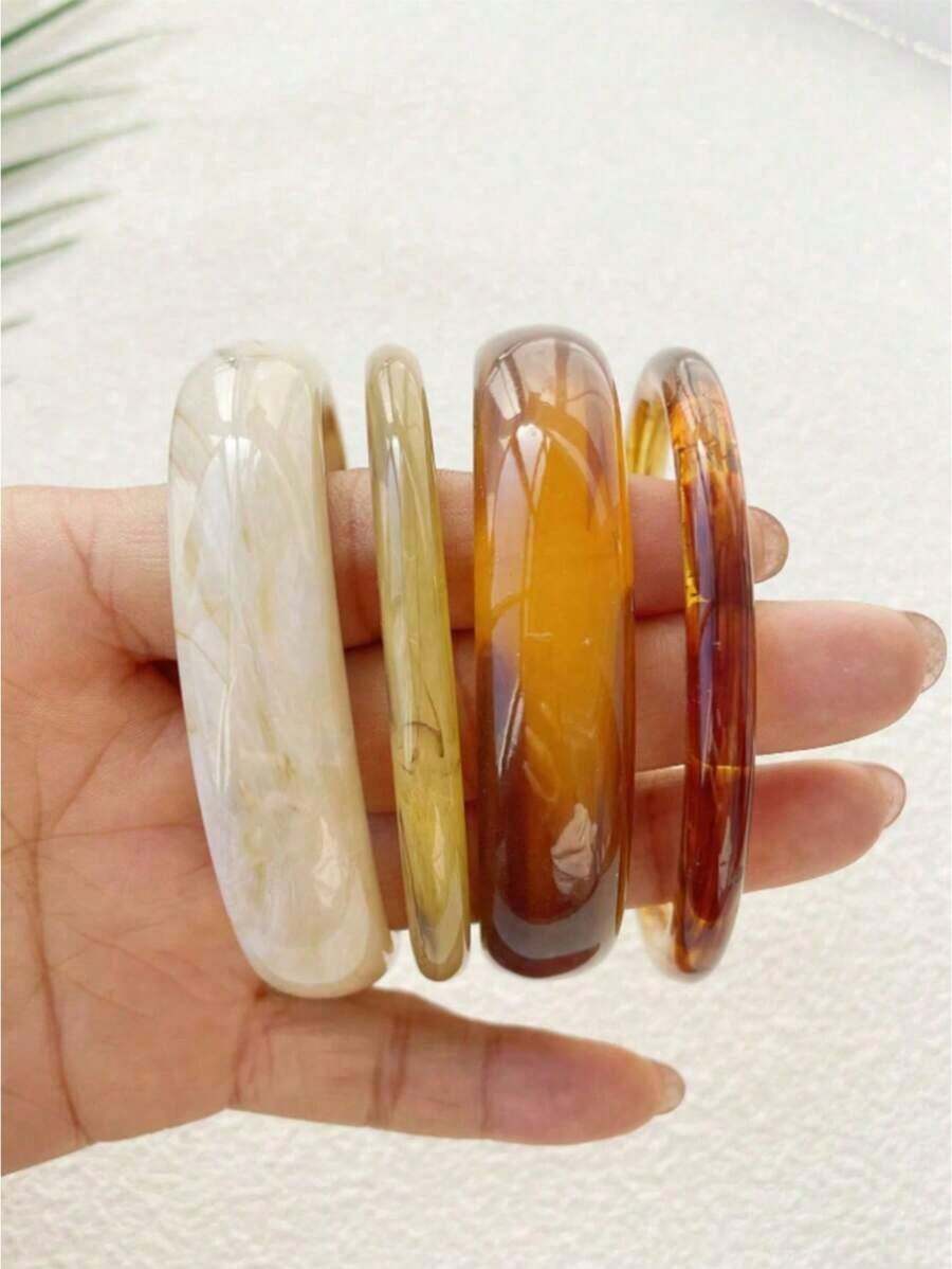4pcs Vintage Resin Amber Texture Acrylic Bangle Bracelets, Fashion & Versatile For Women's Daily Wear - 彩色 - 查看 1