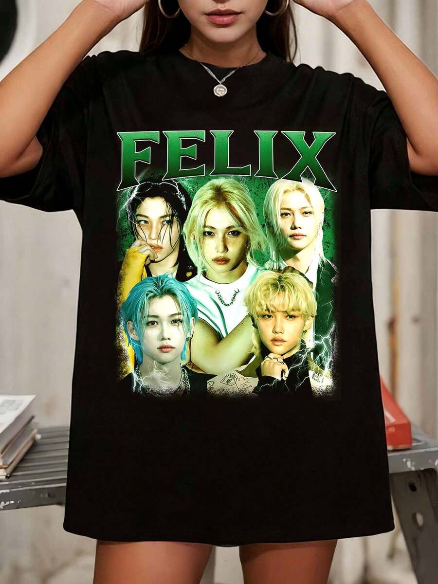 Vintage 90s FelixSS StraysKids T-Shirt, Bootleg Style Unisex Tee - 黑色 - 查看 1