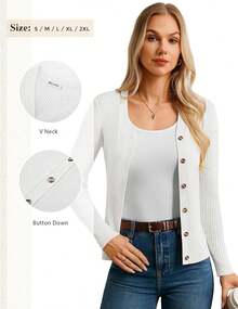 Women's Long Sleeve Button Up Cardigan Sweaters Ribbed Knit Open Front Casual - Bright White - View 5