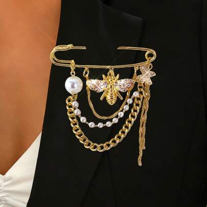 1pc Gold Bee & Butterfly Rhinestone Brooch With Multi-Layer Chain Tassel, Vintage Style Safety Pin, Suitable For Wearing With Suits, Dresses, Scarves, Sweaters, Formal Dresses, Pants Chains, Fashion Party Jewelry Accessory, Women Gift (Pearl Chain And Bead Quantity Random)