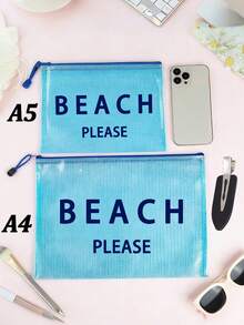 多色防水時尚網格沙灘包，附「Beach Please」印花化妝包，沙灘主題。大容量透明化妝包，尼龍拉鍊盥洗包，輕便，可收納防曬乳、比基尼和沙灘必需品。春夏收納，適合游泳、沙灘、潛水和夏季假期，學生返校，輕便防曬收納包，適合朋友、家人、好友、同學。完美的生日、節日、派對、婚禮（伴娘）、郵輪禮物和紀念品 - 彩色 - 查看 10