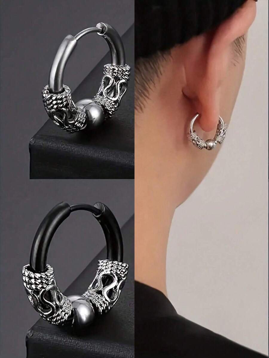 1 pieza Pendiente de aro de acero inoxidable con diseño de bola redonda de estilo retro europeo y americano, de moda, con sensación de alta gama y diseño exclusivo de hip hop - pendientes - Ver 1