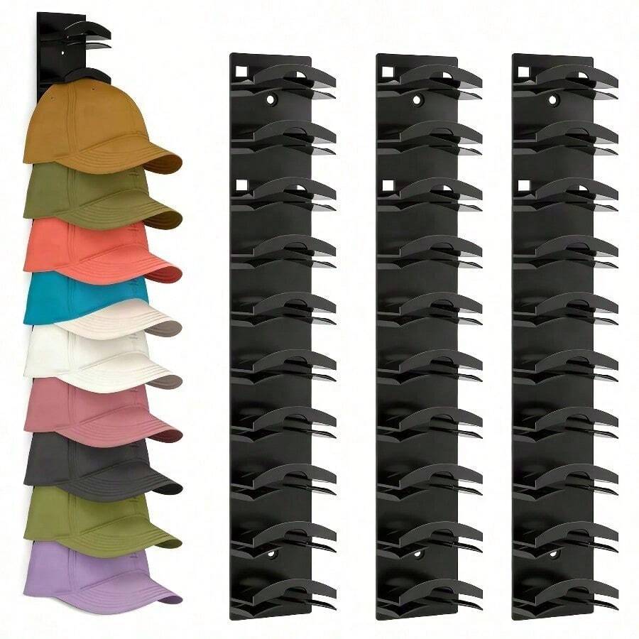 2-Piece Wall-Mounted Hat Storage Rack, Compatible With 10 Hats, With Strong Adhesive Back, Drill-Free Installation, Door/Wall-Mounted - No Drilling Installation Required, Suitable For Baseball Caps, Closets, Bedrooms, Sports Rooms - Perfect For Home, Office - Black - View 1