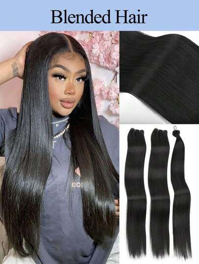 26英寸三合一长直发发髻，双层假发片和钩编接发，自然混色原创快速钩编缝合式发髻，女士适用