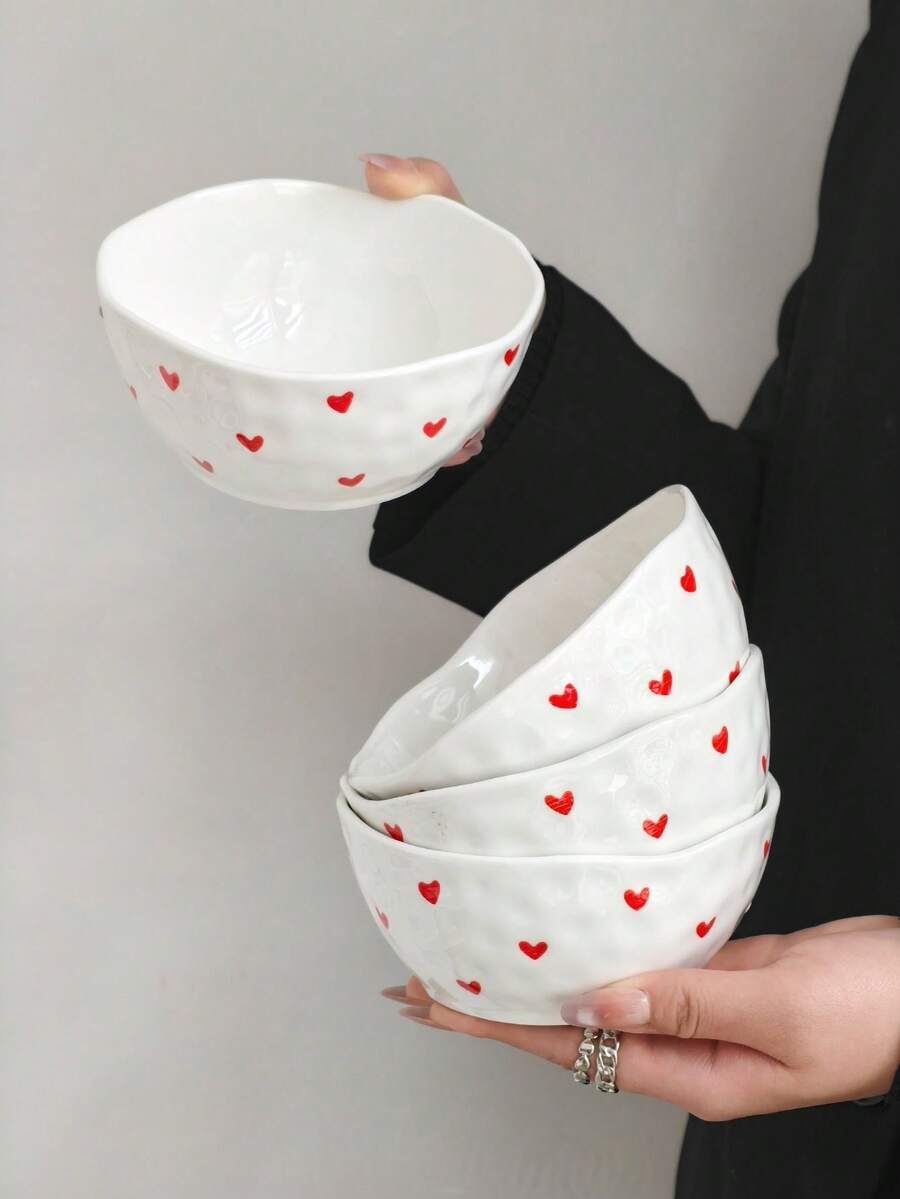 1pc/2pcs/4pcs Set Asymmetrical Heart-Shaped Handmade Ceramic Rice/Snack/Dessert Bowl, Exquisite Girly Glazed Ceramic Bowl, Suitable For Home, Restaurant, Cafe - Multicolor - View 1