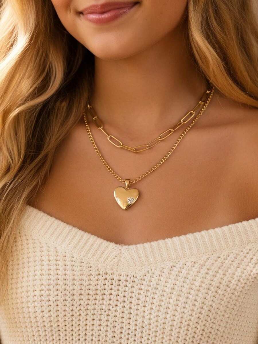 两件套简约心形立方氧化锆叠层吊坠项链，独特珠宝礼物，送给女孩 - 金黃色 - 查看 1