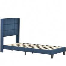 Upholstered Bed With Its Upholstered Headboard, Single Bed With Slatted Base, 90x200cm, In Linen, Medium Firm (With Spring Mattress) - Blue - View 8
