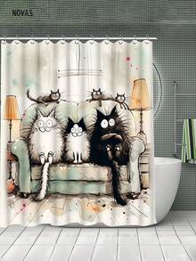 1/3/4 Sets Vintage Watercolor Cartoon Cat Shower Curtain Set, Includes Shower Curtain, Toilet Seat Cover, Bath Mat And Rug, Polyester Waterproof Washable, 12 Hooks, Suitable For Home/Bedroom/Living Room/Household Items/Summer - A - View 7