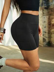 Pantalones cortos de compresión de cintura alta para mujer con bolsillos, adecuados para yoga, ciclismo, fitness, correr, entrenamiento en primavera y verano en color negro - Negro - Ver 4