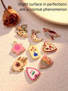 不对称复古蝴蝶、月亮、心形、花朵吊坠项链，手工双面油画吊坠，DIY珠宝礼物，送给妈妈、朋友或自己 - 彩色 - 查看 6