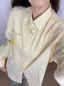 2024 New Vintage American Style Yellow Striped Embroidered Loose Fit Casual Jacket Tops For Early Autumn - Yellow - View 4